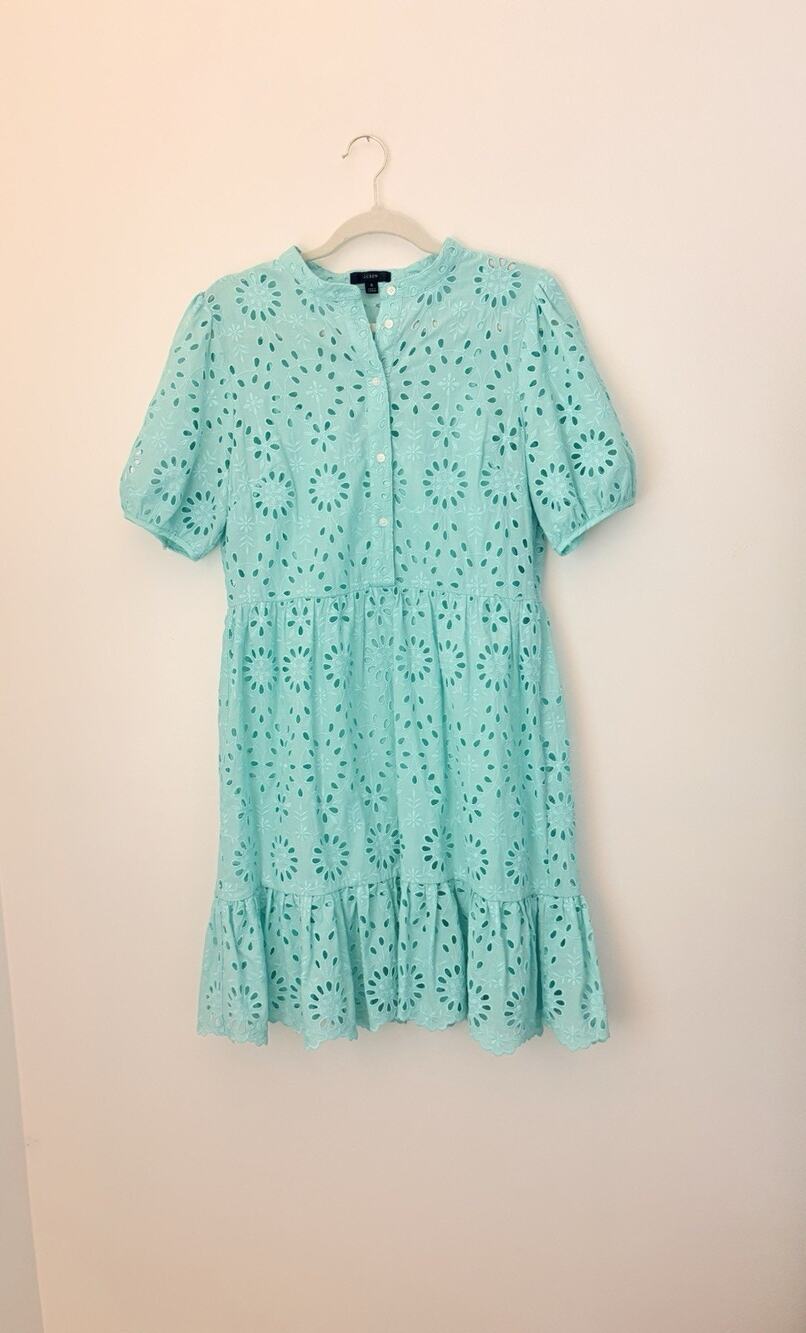 J Crew Women’s Eyelet Dress Blue Size 8 Cotton Blend Lined Summer Resort Beach